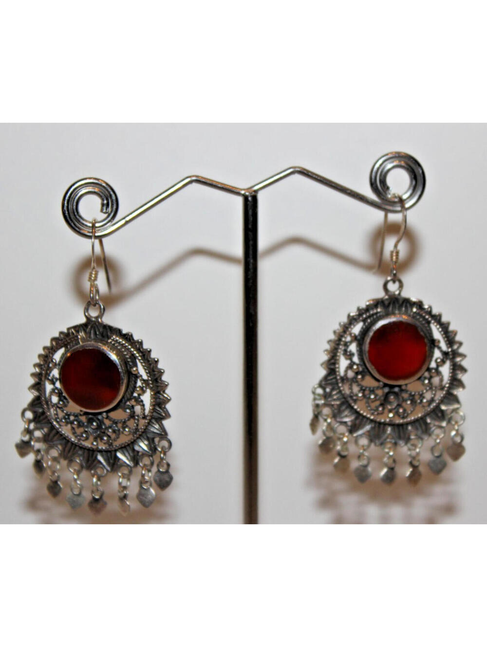 Vintage 925 Sterling Silver Carnelian Red Agate Dangle Chandelier Earrings